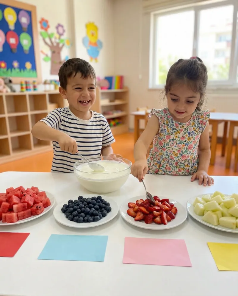 Anaokulu beslenme saati — çocuklar birlikte yemek yiyor
