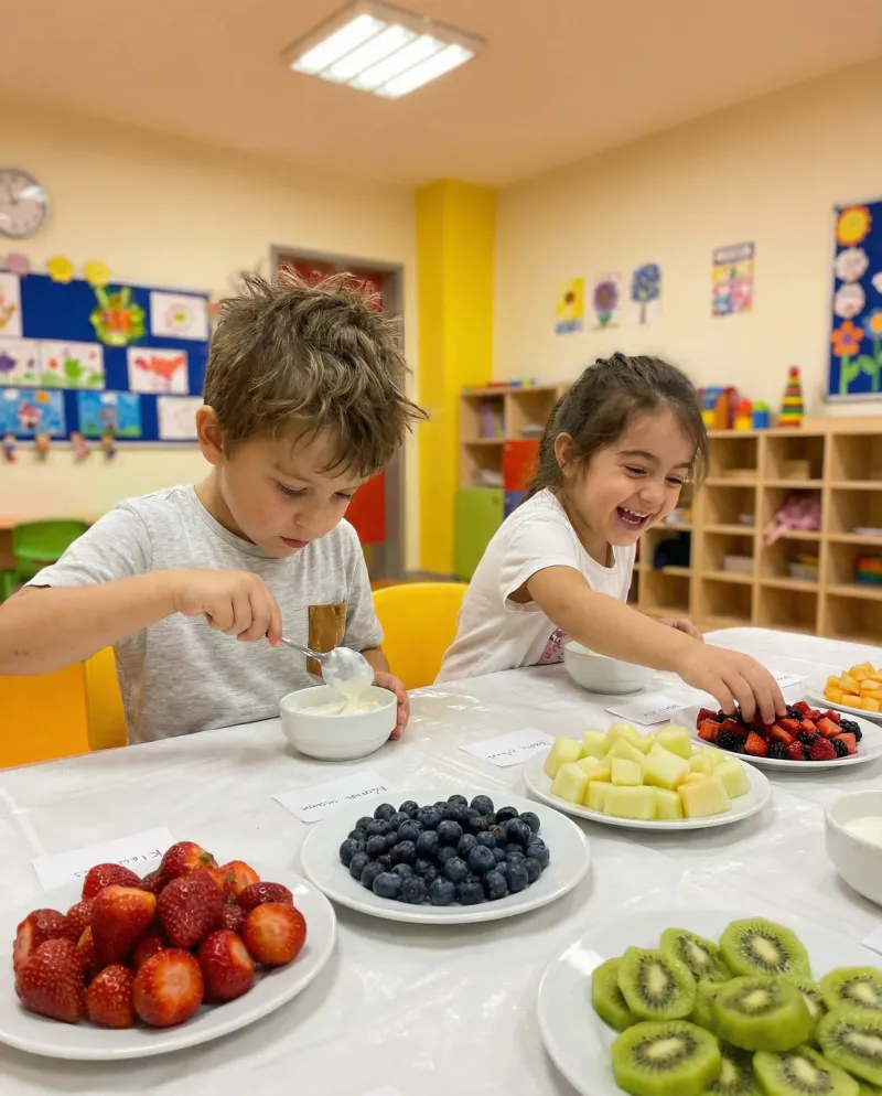 Anaokulu çocukları birlikte yemek yiyor